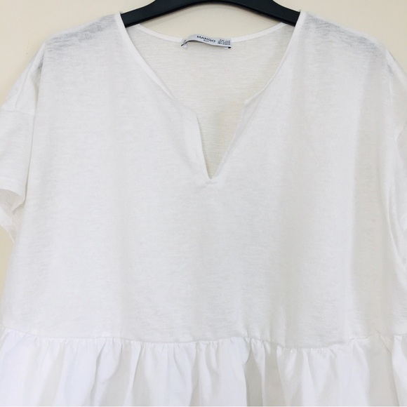 Mango Y2K Boho Oversize White Peplum Ruffle Hem Cropped Short Sleeve Preppy Top - Picture 8 of 16